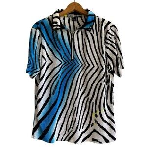 Jamie Sadock Womens Crinkle Golf Top Size L 1/4 Zip Zebra Art To Wear Signed